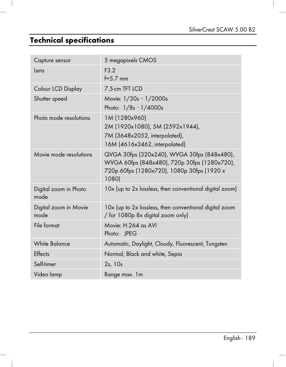 Technical specifications | Silvercrest SCAW 5.00 B2 User Manual | Page 191 / 364