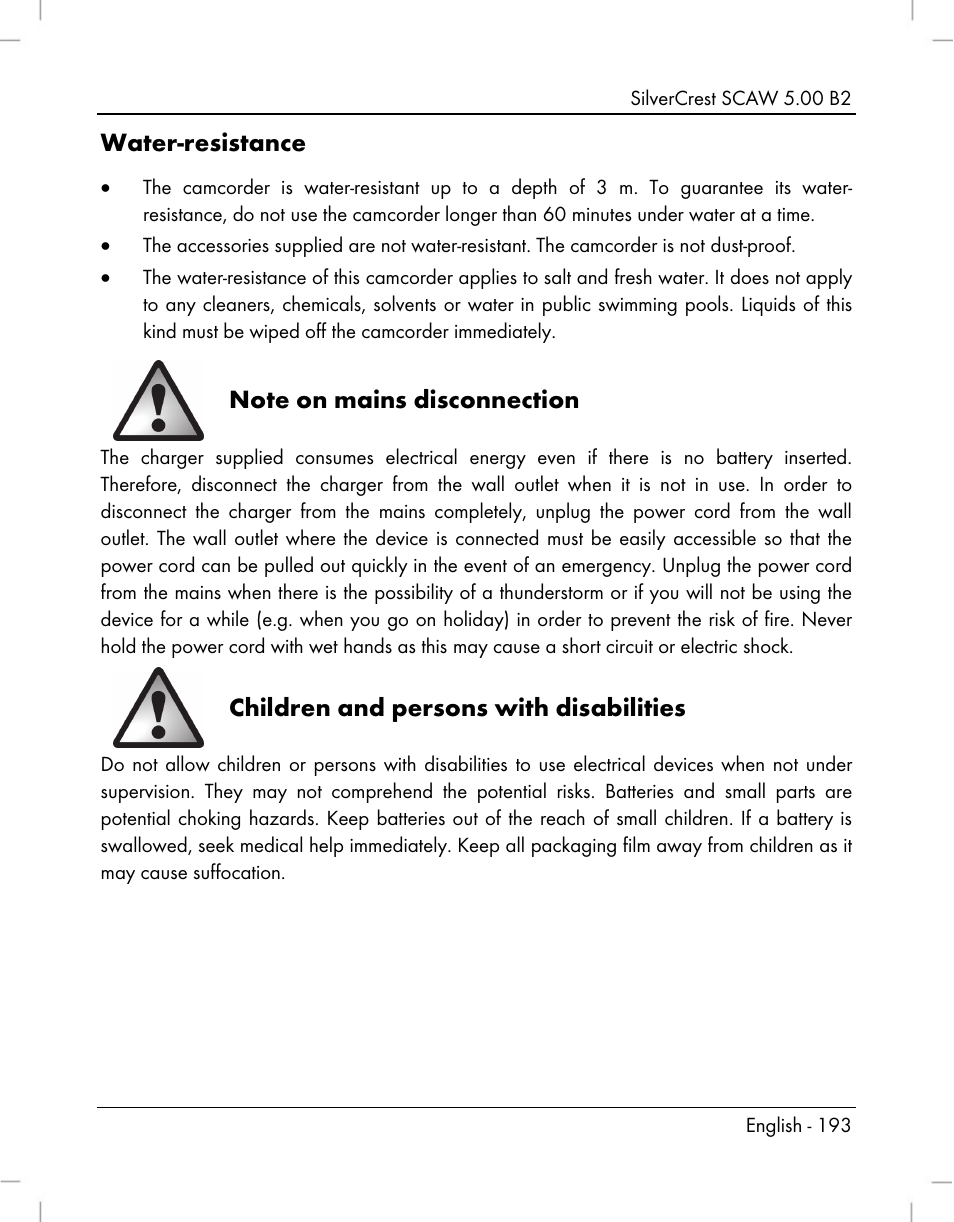 Water-resistance, Children and persons with disabilities | Silvercrest SCAW 5.00 B2 User Manual | Page 195 / 364