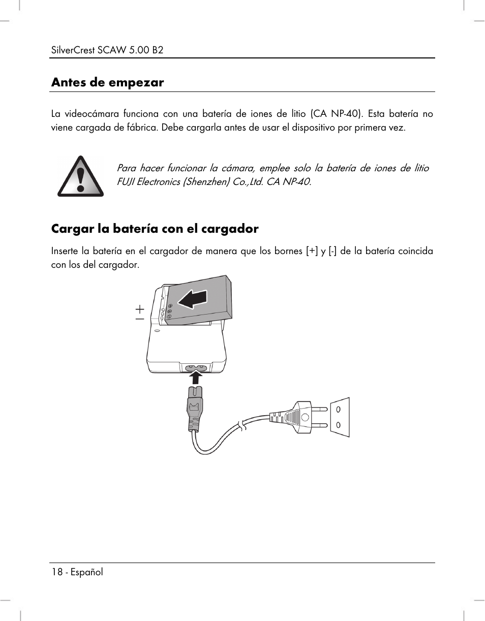 Antes de empezar, Cargar la batería con el cargador | Silvercrest SCAW 5.00 B2 User Manual | Page 20 / 364