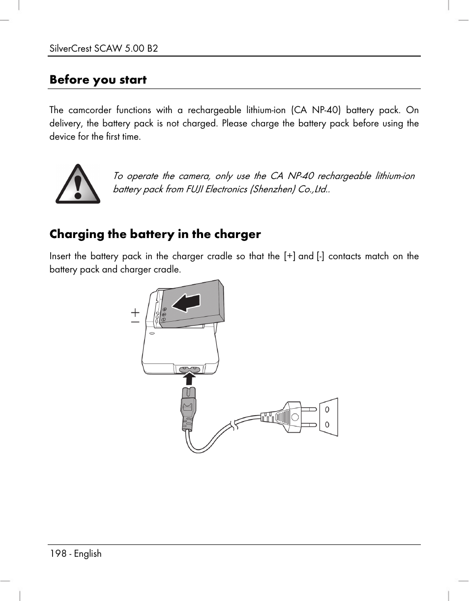 Before you start, Charging the battery in the charger | Silvercrest SCAW 5.00 B2 User Manual | Page 200 / 364