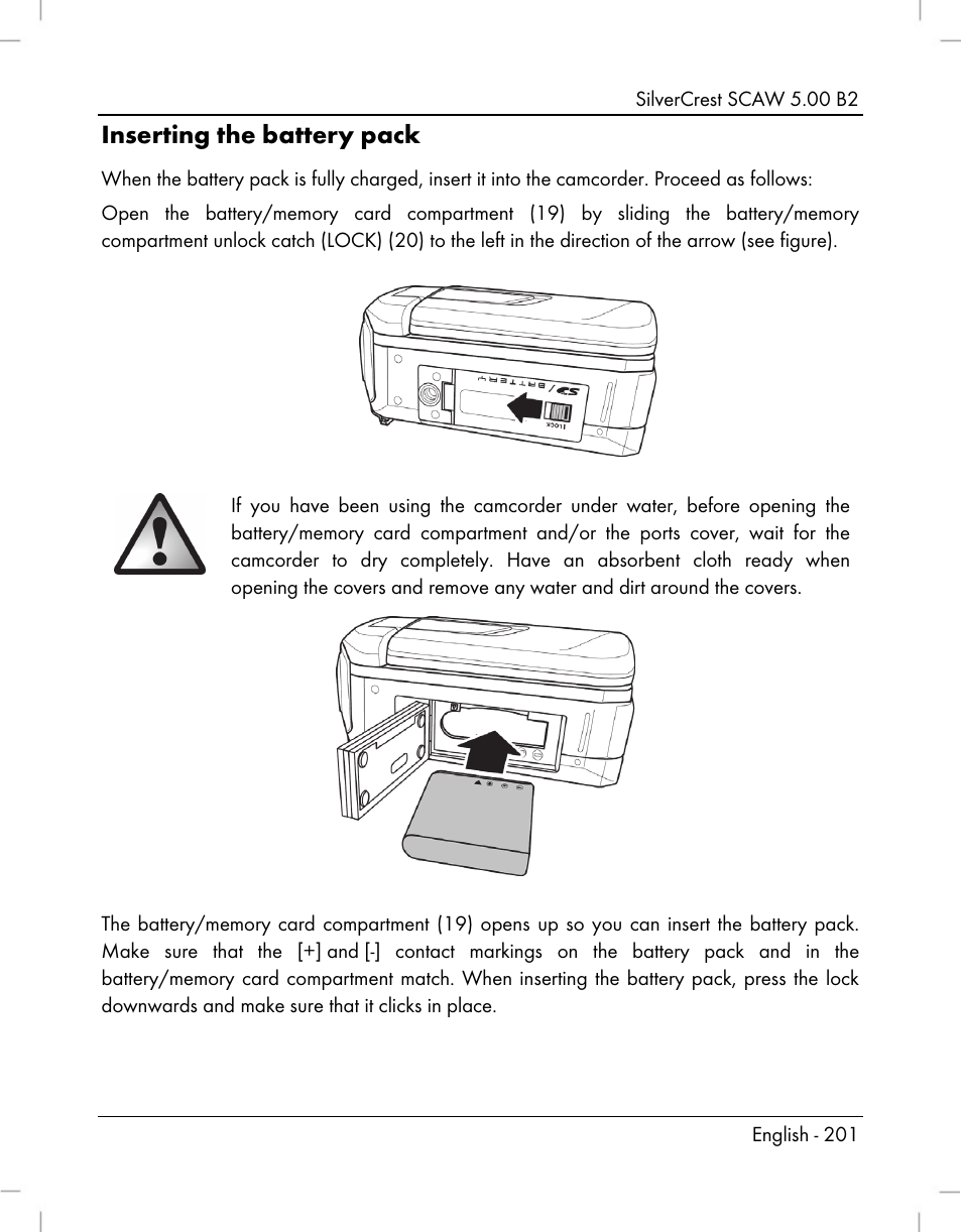 Inserting the battery pack | Silvercrest SCAW 5.00 B2 User Manual | Page 203 / 364