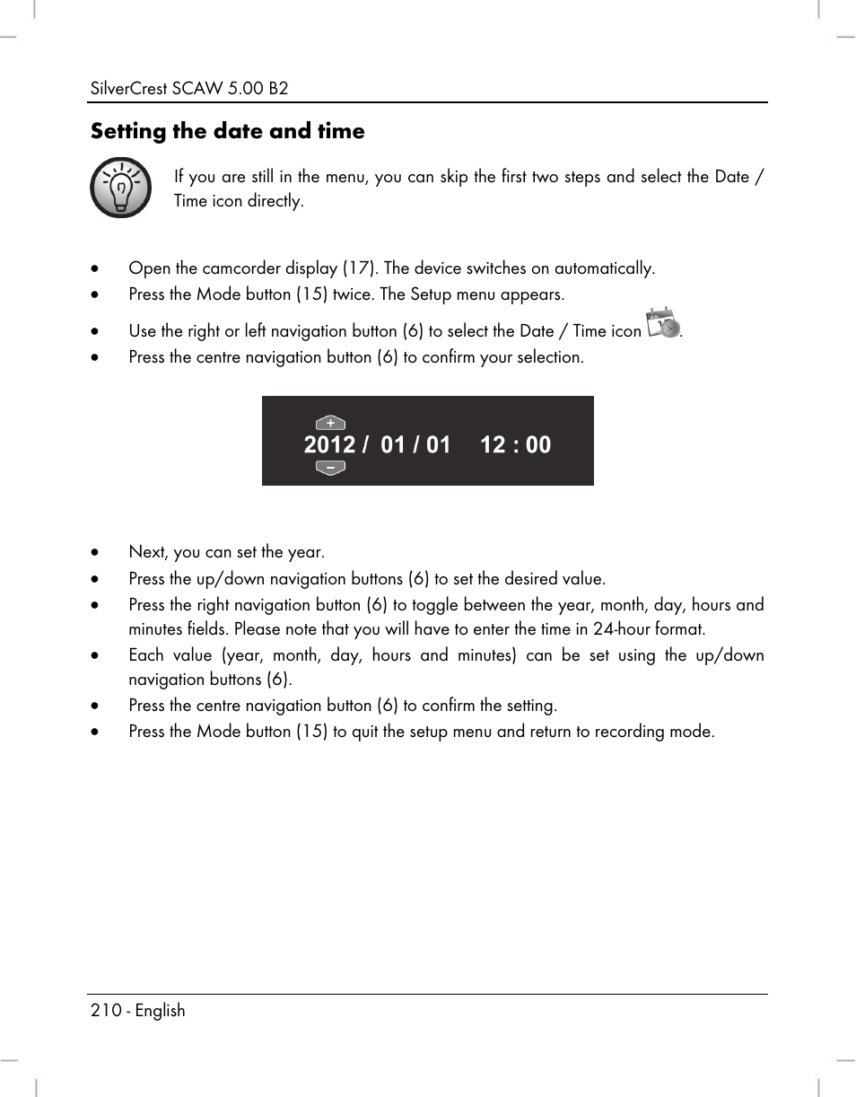 Setting the date and time | Silvercrest SCAW 5.00 B2 User Manual | Page 212 / 364