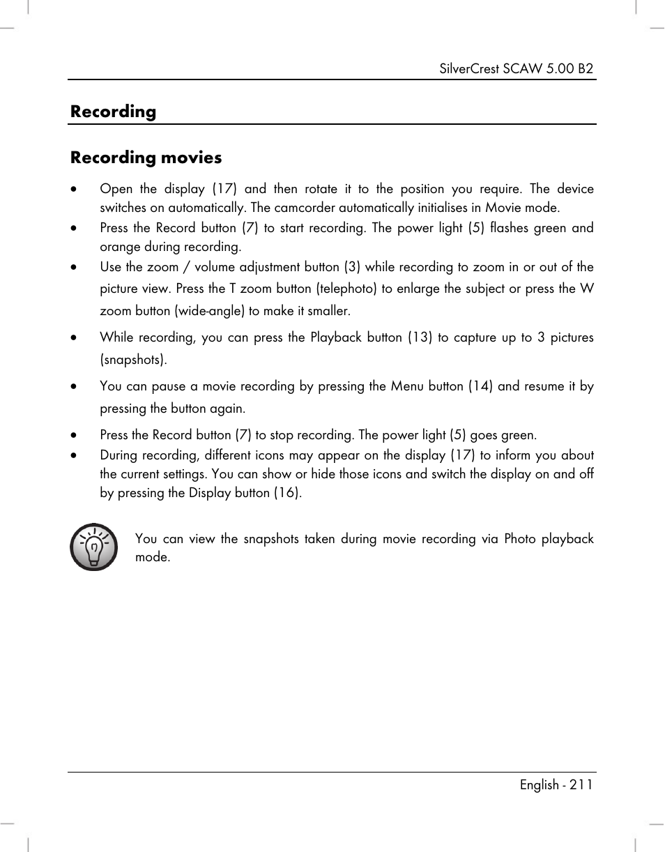 Recording recording movies | Silvercrest SCAW 5.00 B2 User Manual | Page 213 / 364