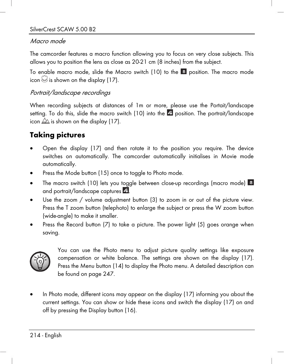 Taking pictures, Macro mode, Portrait/landscape recordings | Silvercrest SCAW 5.00 B2 User Manual | Page 216 / 364