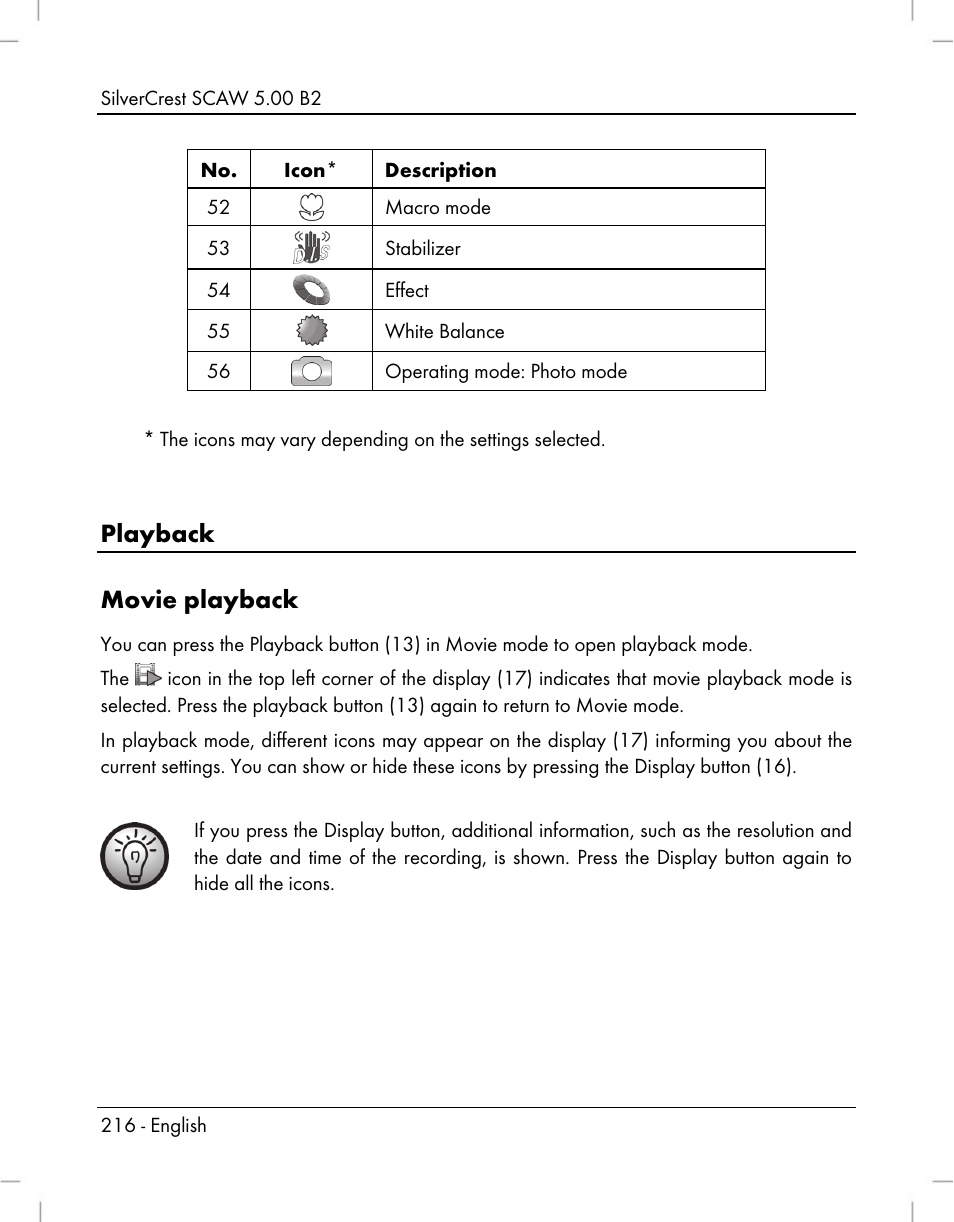 Playback movie playback | Silvercrest SCAW 5.00 B2 User Manual | Page 218 / 364