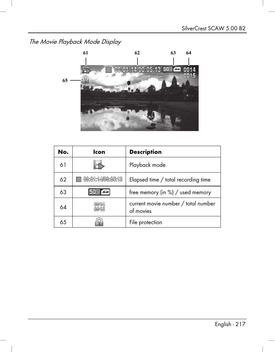 The movie playback mode display | Silvercrest SCAW 5.00 B2 User Manual | Page 219 / 364