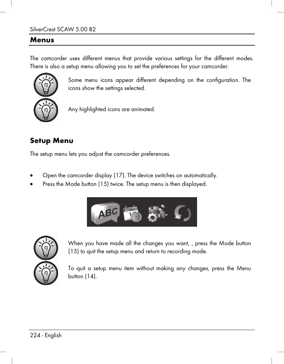 Menus, Setup menu | Silvercrest SCAW 5.00 B2 User Manual | Page 226 / 364