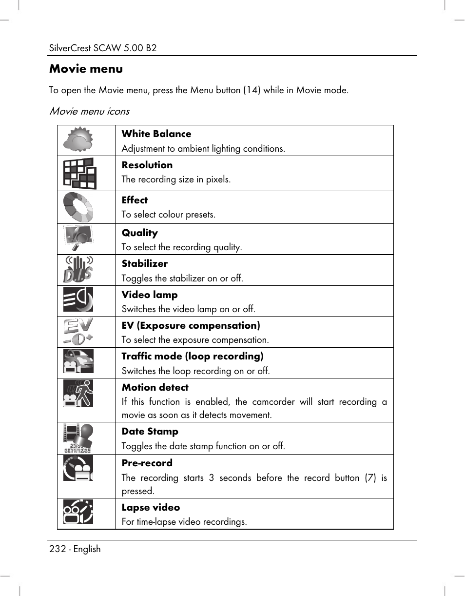 Movie menu, Movie menu icons | Silvercrest SCAW 5.00 B2 User Manual | Page 234 / 364