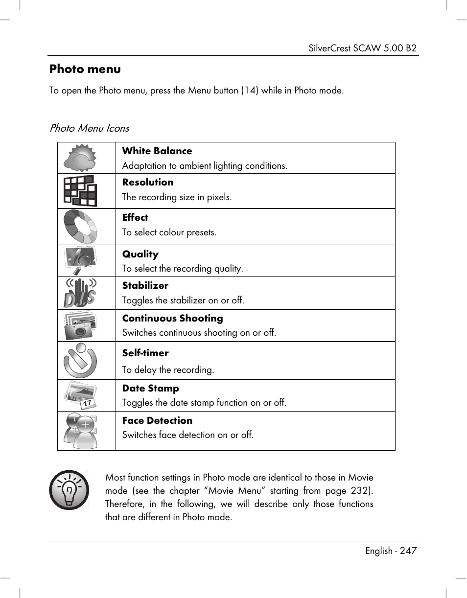 Photo menu, Photo menu icons | Silvercrest SCAW 5.00 B2 User Manual | Page 249 / 364