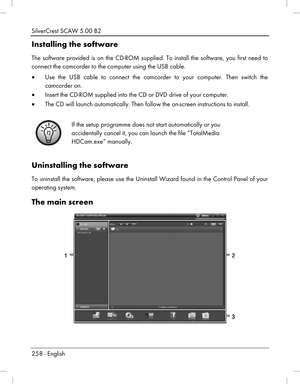 Installing the software, Uninstalling the software, The main screen | Silvercrest SCAW 5.00 B2 User Manual | Page 260 / 364