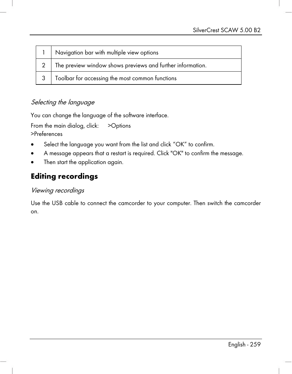 Editing recordings, Selecting the language, Viewing recordings | Silvercrest SCAW 5.00 B2 User Manual | Page 261 / 364