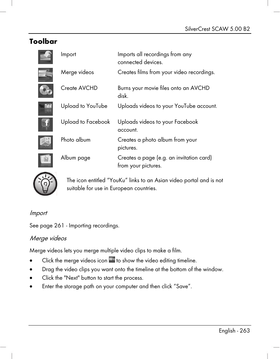 Toolbar, Import, Merge videos | Silvercrest SCAW 5.00 B2 User Manual | Page 265 / 364