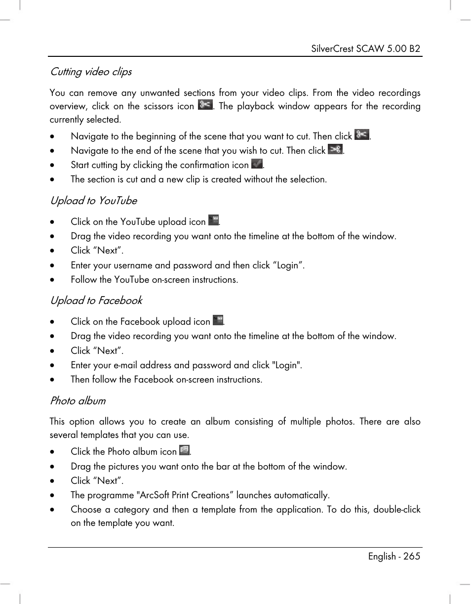 Cutting video clips, Upload to youtube, Upload to facebook | Photo album | Silvercrest SCAW 5.00 B2 User Manual | Page 267 / 364