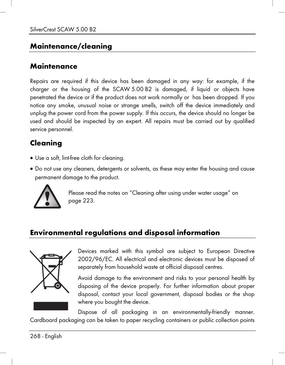 Maintenance/cleaning maintenance, Cleaning, Environmental regulations and disposal information | Silvercrest SCAW 5.00 B2 User Manual | Page 270 / 364