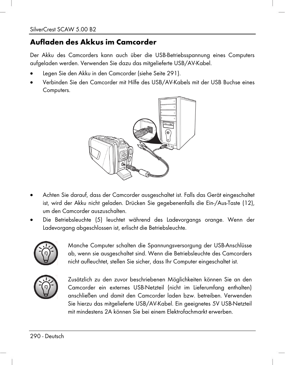 Aufladen des akkus im camcorder | Silvercrest SCAW 5.00 B2 User Manual | Page 292 / 364
