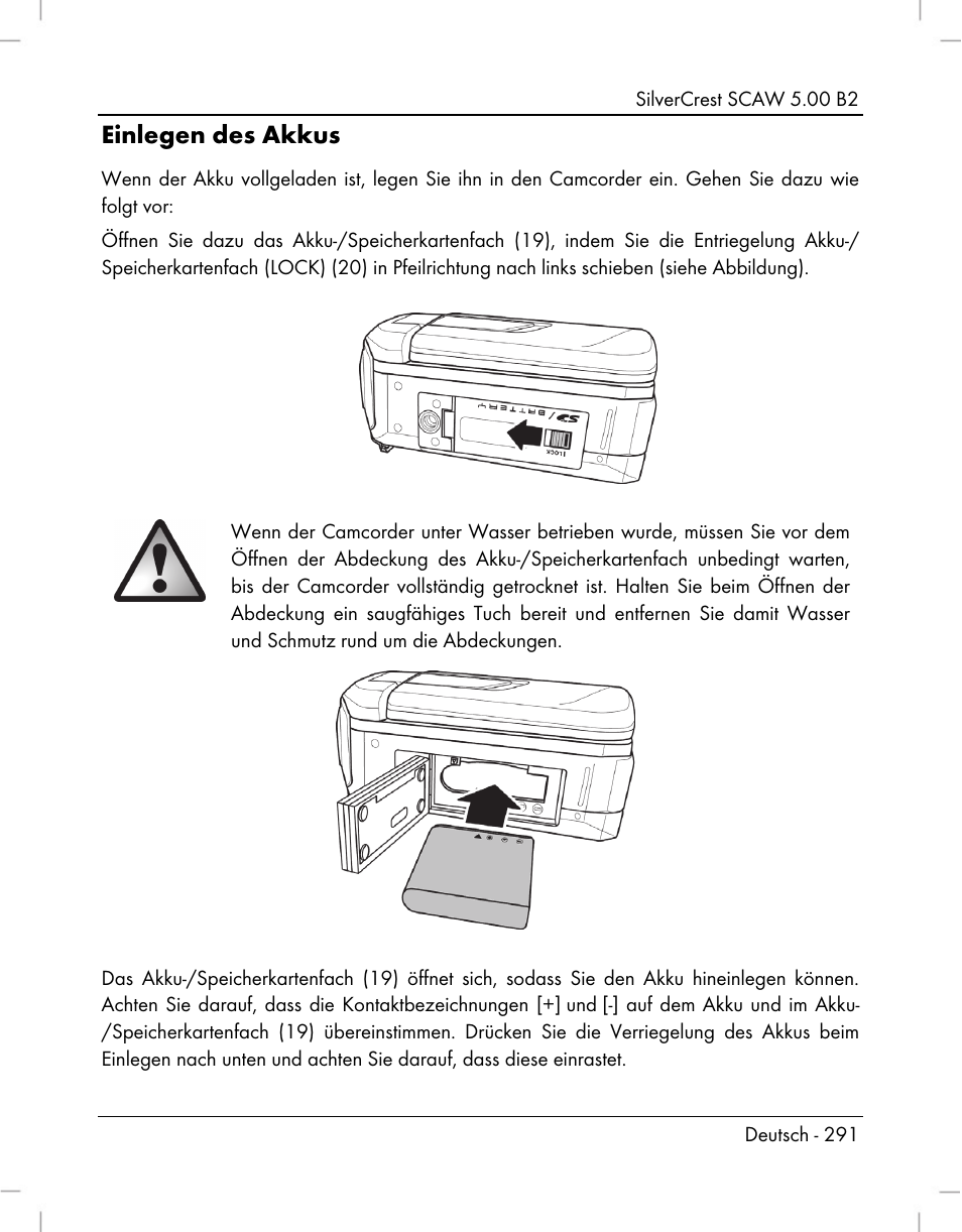 Einlegen des akkus | Silvercrest SCAW 5.00 B2 User Manual | Page 293 / 364