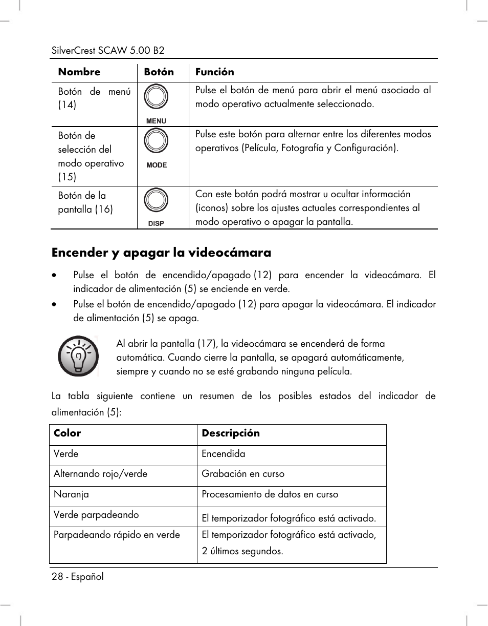 Encender y apagar la videocámara | Silvercrest SCAW 5.00 B2 User Manual | Page 30 / 364