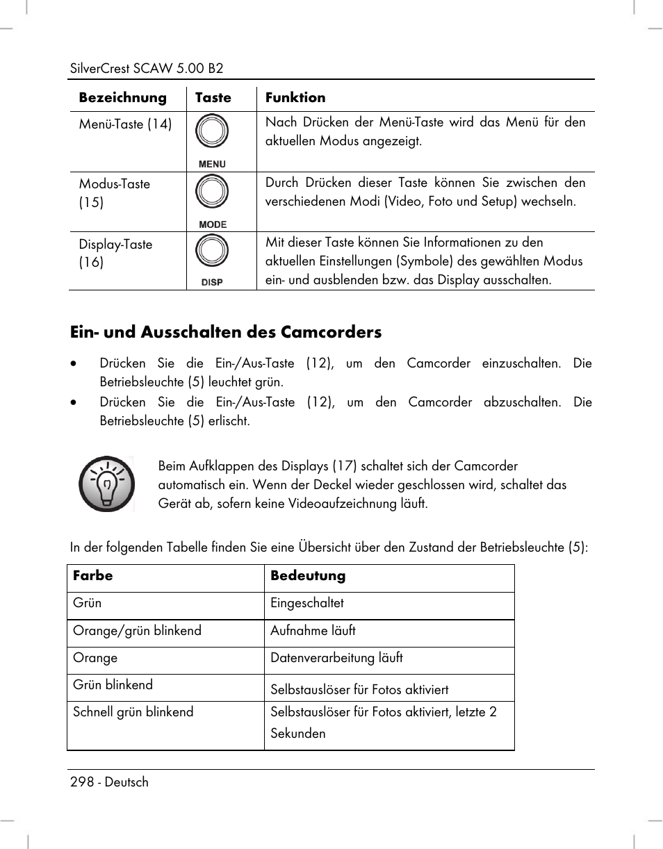 Ein- und ausschalten des camcorders | Silvercrest SCAW 5.00 B2 User Manual | Page 300 / 364