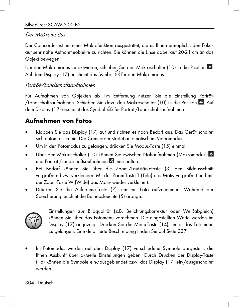 Aufnehmen von fotos, Der makromodus, Porträt-/landschaftsaufnahmen | Silvercrest SCAW 5.00 B2 User Manual | Page 306 / 364