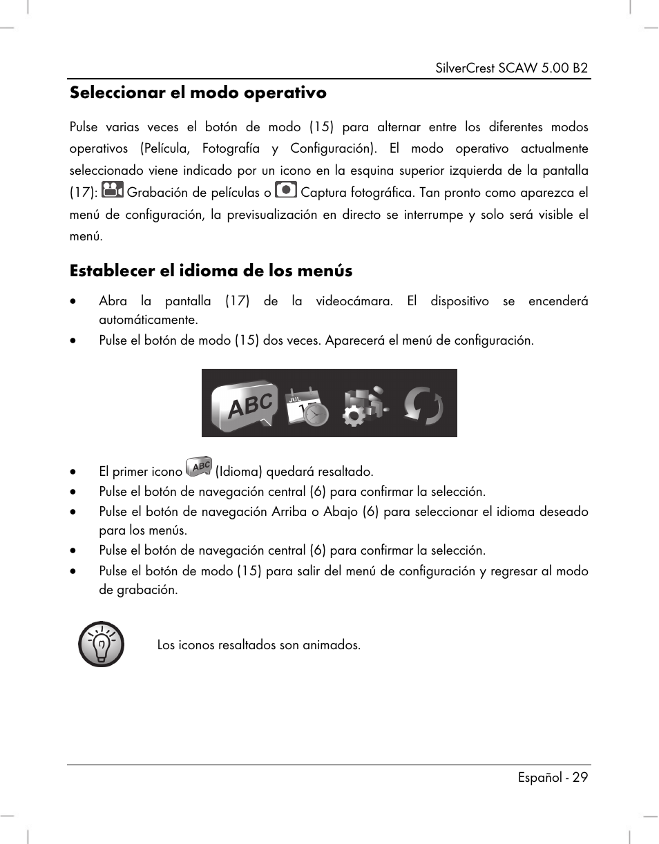 Seleccionar el modo operativo, Establecer el idioma de los menús | Silvercrest SCAW 5.00 B2 User Manual | Page 31 / 364