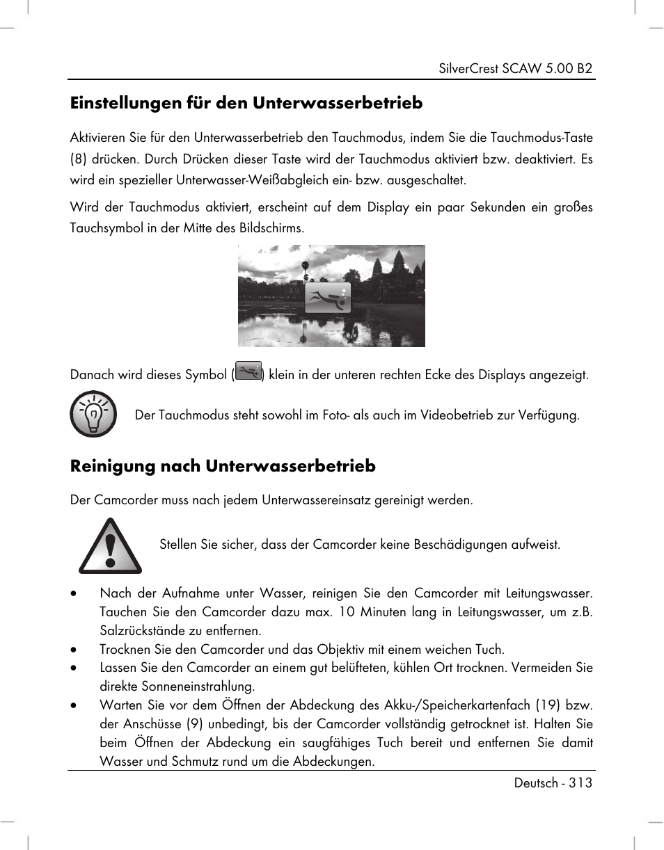 Einstellungen für den unterwasserbetrieb, Reinigung nach unterwasserbetrieb | Silvercrest SCAW 5.00 B2 User Manual | Page 315 / 364