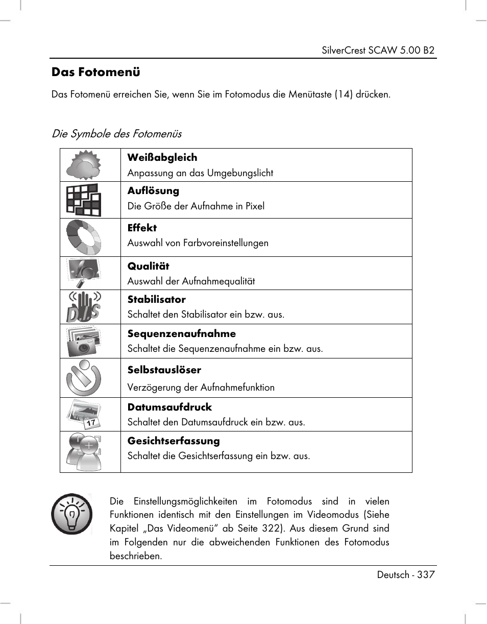 Das fotomenü, Die symbole des fotomenüs | Silvercrest SCAW 5.00 B2 User Manual | Page 339 / 364