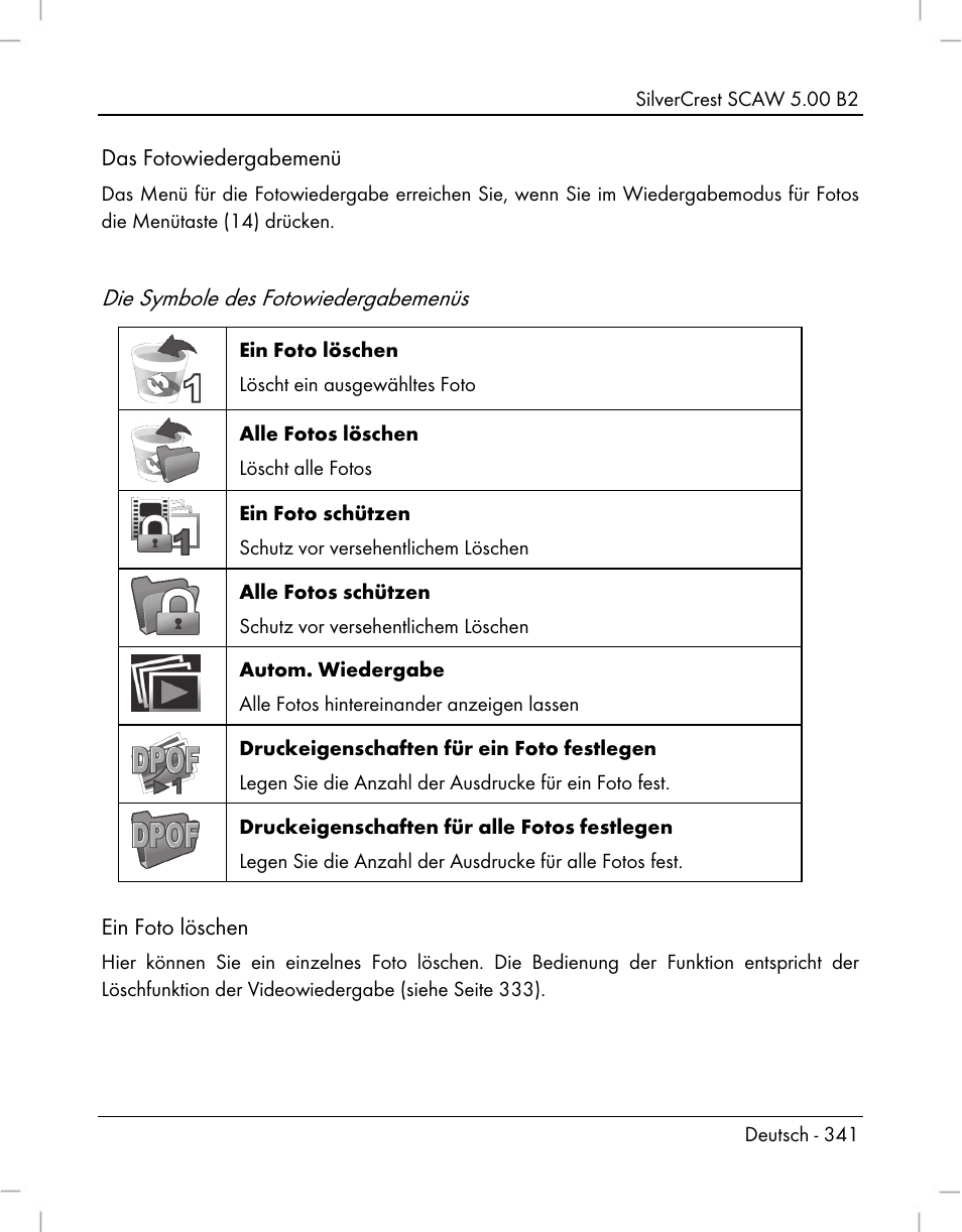 Die symbole des fotowiedergabemenüs | Silvercrest SCAW 5.00 B2 User Manual | Page 343 / 364