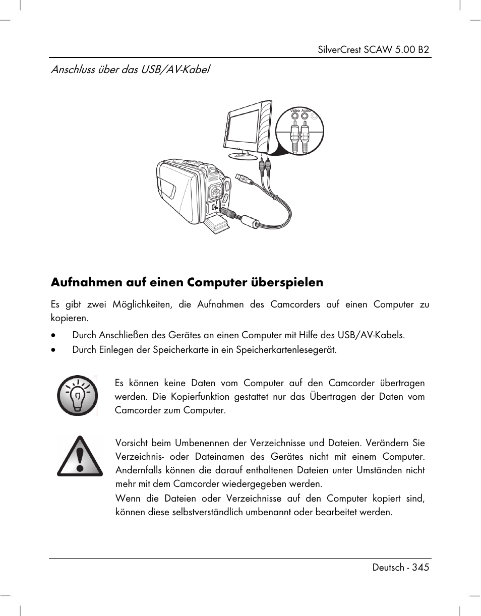 Aufnahmen auf einen computer überspielen, Anschluss über das usb/av-kabel | Silvercrest SCAW 5.00 B2 User Manual | Page 347 / 364