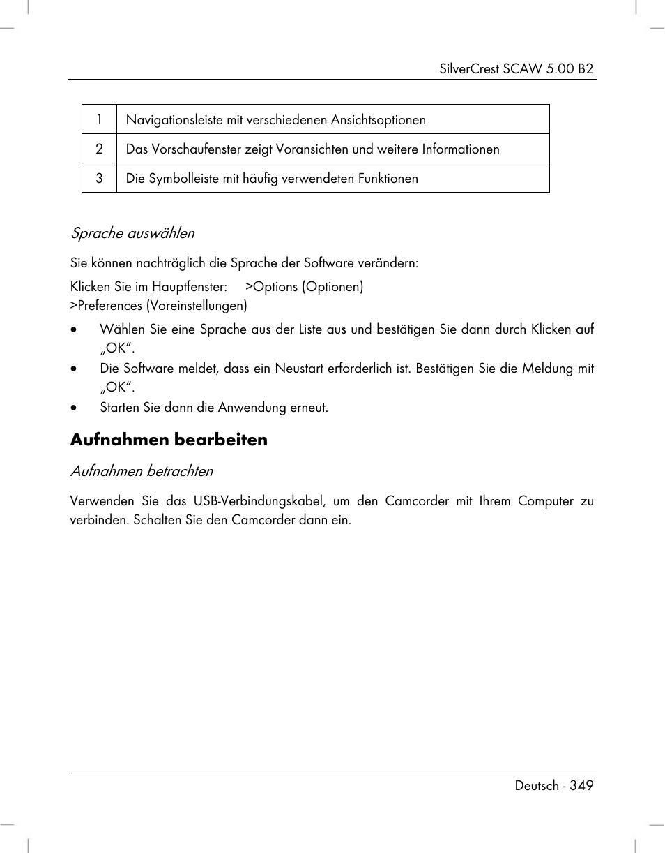 Aufnahmen bearbeiten, Sprache auswählen, Aufnahmen betrachten | Silvercrest SCAW 5.00 B2 User Manual | Page 351 / 364