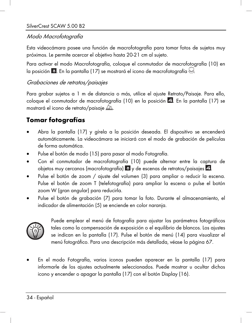 Tomar fotografías, Modo macrofotografía, Grabaciones de retratos/paisajes | Silvercrest SCAW 5.00 B2 User Manual | Page 36 / 364