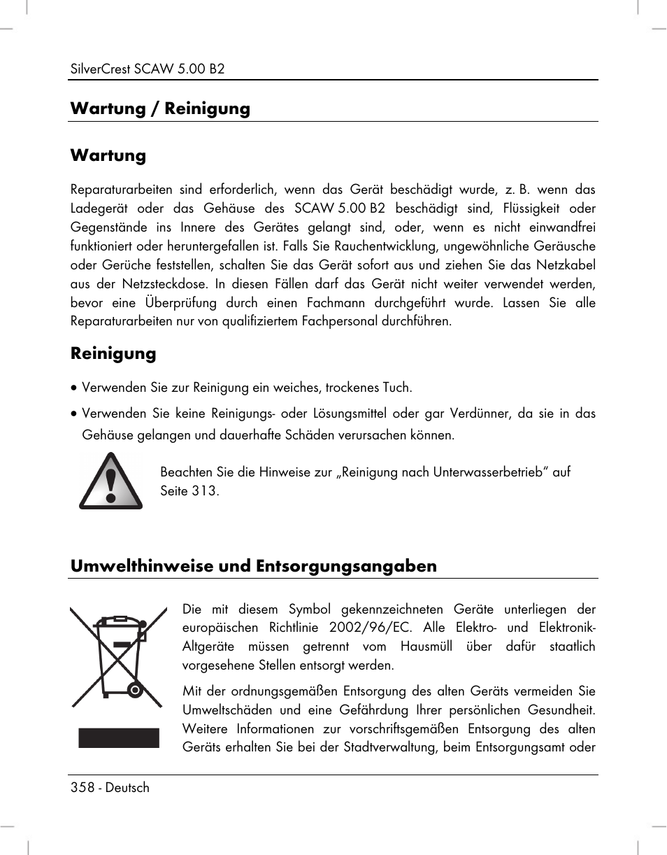 Wartung / reinigung wartung, Reinigung, Umwelthinweise und entsorgungsangaben | Silvercrest SCAW 5.00 B2 User Manual | Page 360 / 364