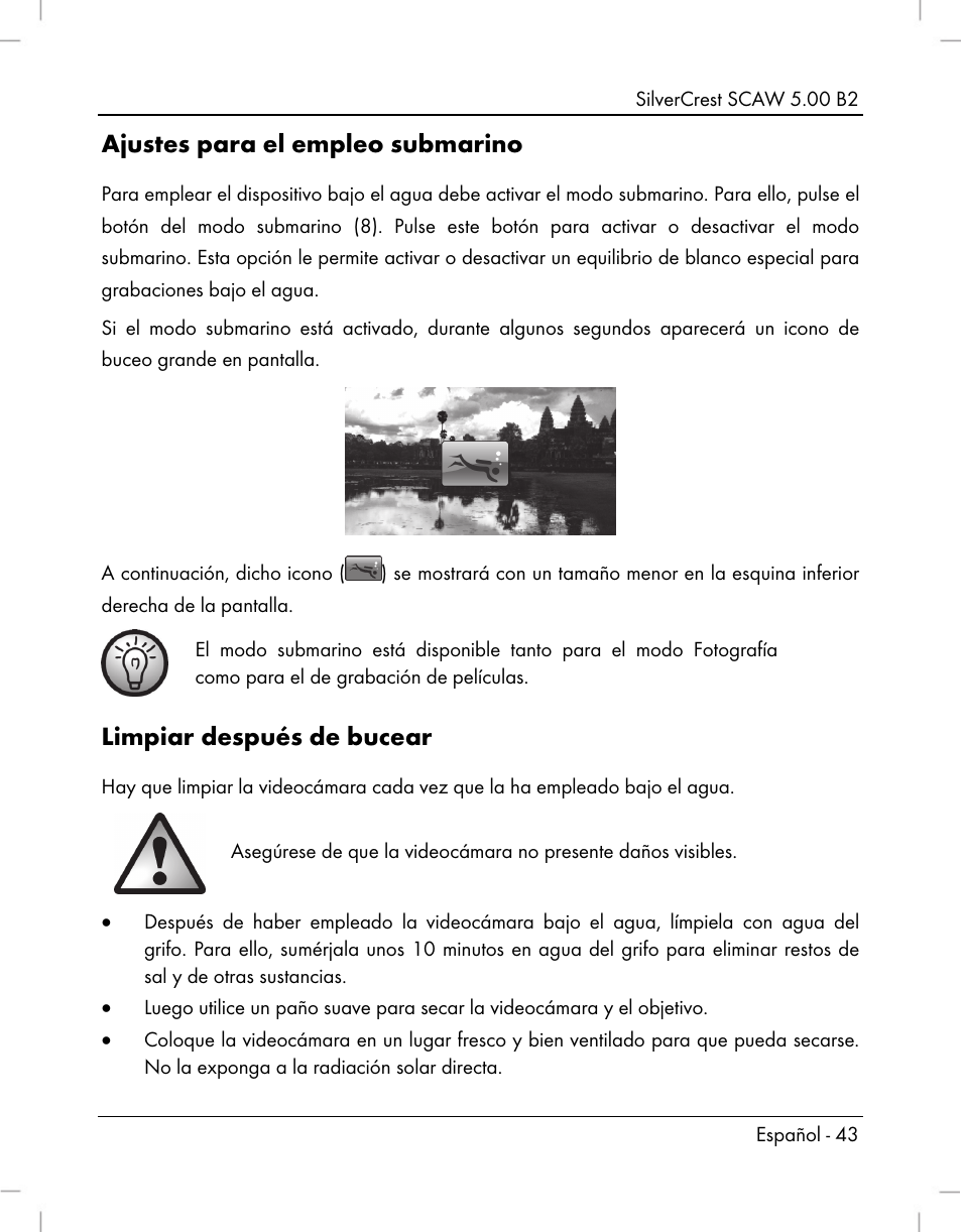 Ajustes para el empleo submarino, Limpiar después de bucear | Silvercrest SCAW 5.00 B2 User Manual | Page 45 / 364