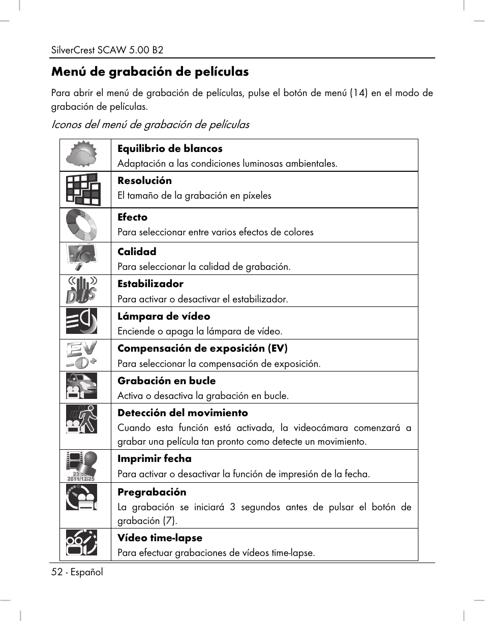 Menú de grabación de películas, Iconos del menú de grabación de películas | Silvercrest SCAW 5.00 B2 User Manual | Page 54 / 364