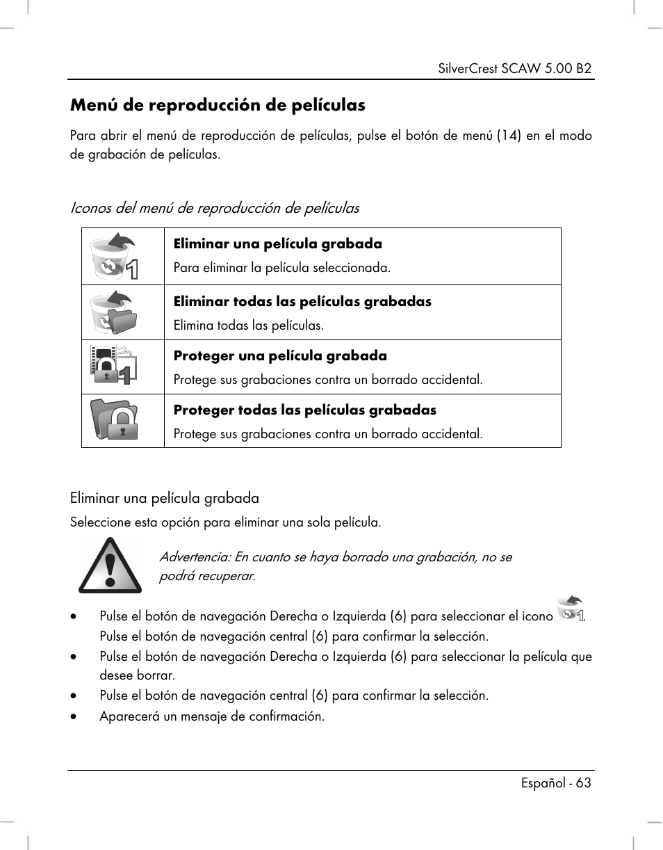 Menú de reproducción de películas, Iconos del menú de reproducción de películas | Silvercrest SCAW 5.00 B2 User Manual | Page 65 / 364