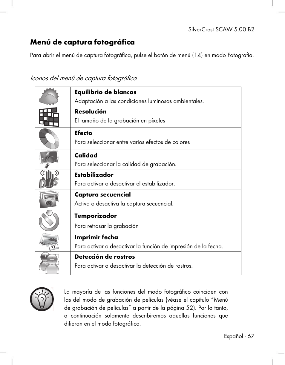 Menú de captura fotográfica, Iconos del menú de captura fotográfica | Silvercrest SCAW 5.00 B2 User Manual | Page 69 / 364