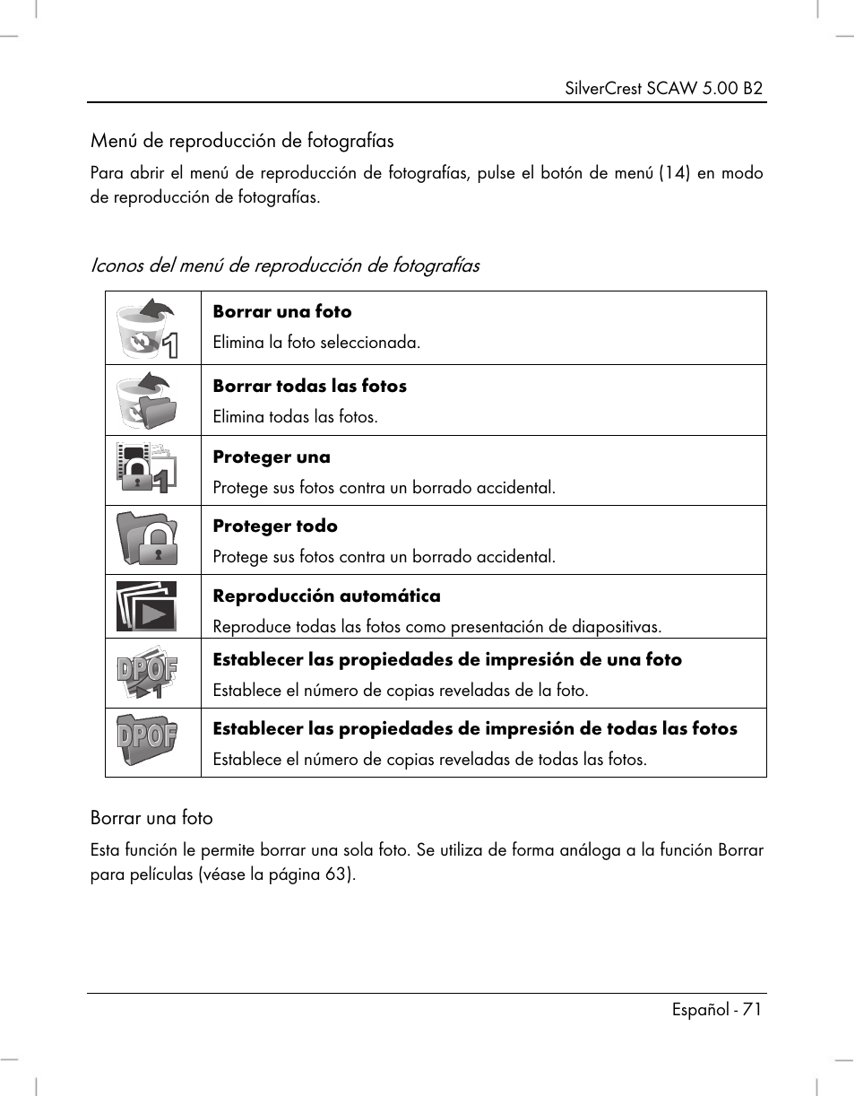 Iconos del menú de reproducción de fotografías | Silvercrest SCAW 5.00 B2 User Manual | Page 73 / 364