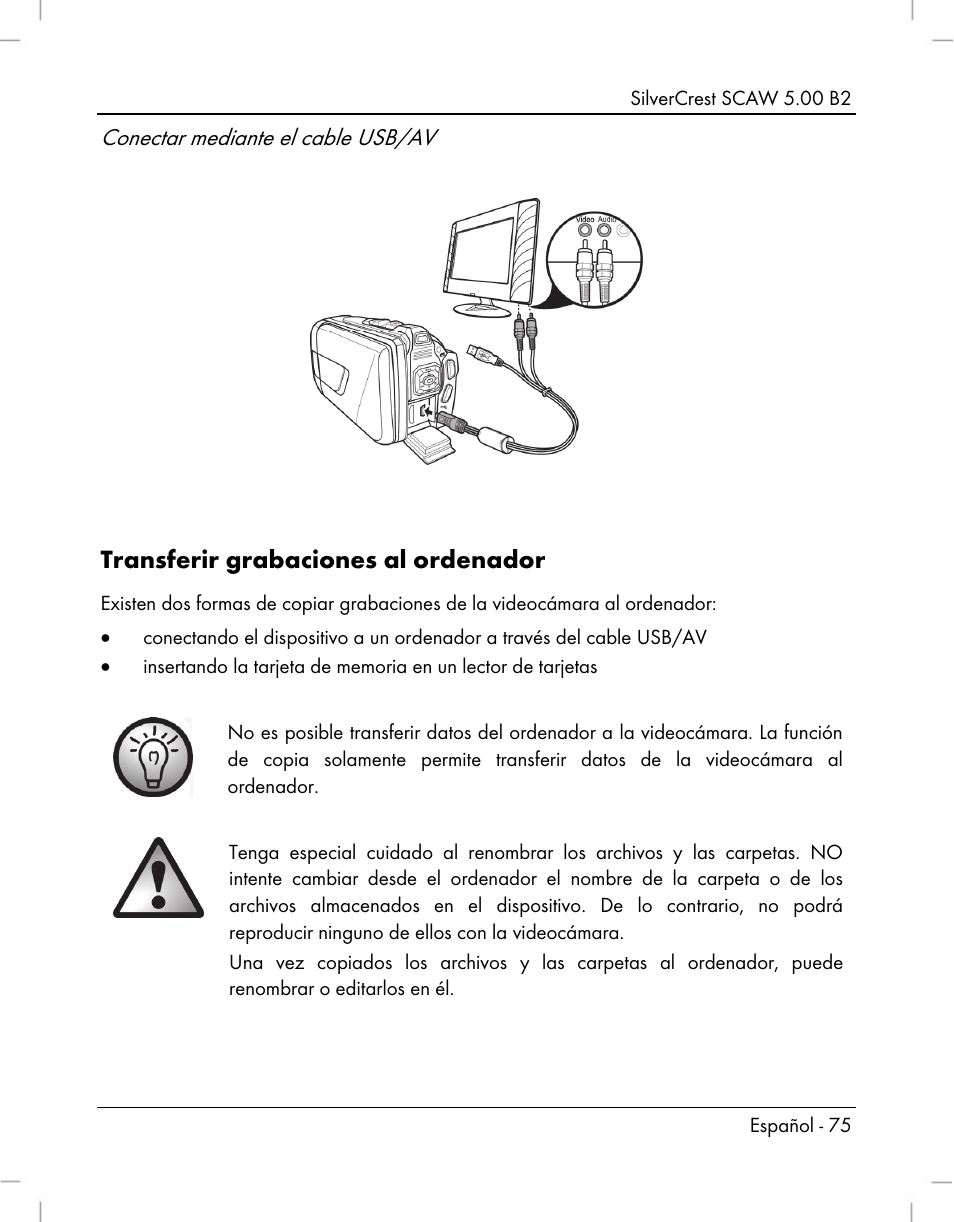 Transferir grabaciones al ordenador, Conectar mediante el cable usb/av | Silvercrest SCAW 5.00 B2 User Manual | Page 77 / 364