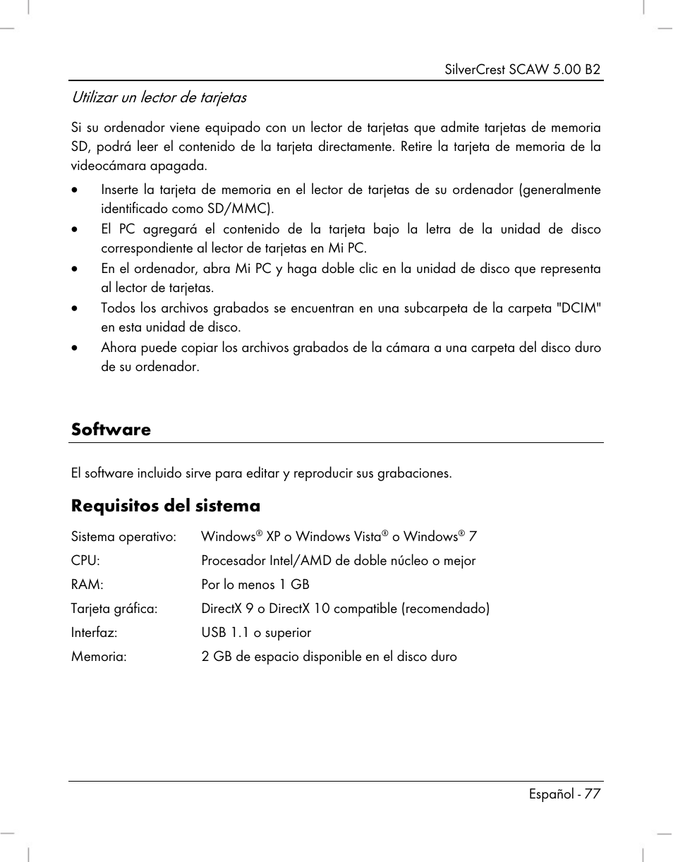 Software, Requisitos del sistema, Utilizar un lector de tarjetas | Silvercrest SCAW 5.00 B2 User Manual | Page 79 / 364