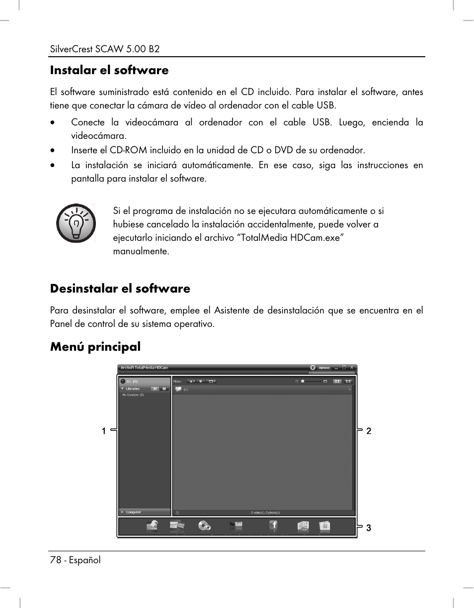 Instalar el software, Desinstalar el software, Menú principal | Silvercrest SCAW 5.00 B2 User Manual | Page 80 / 364