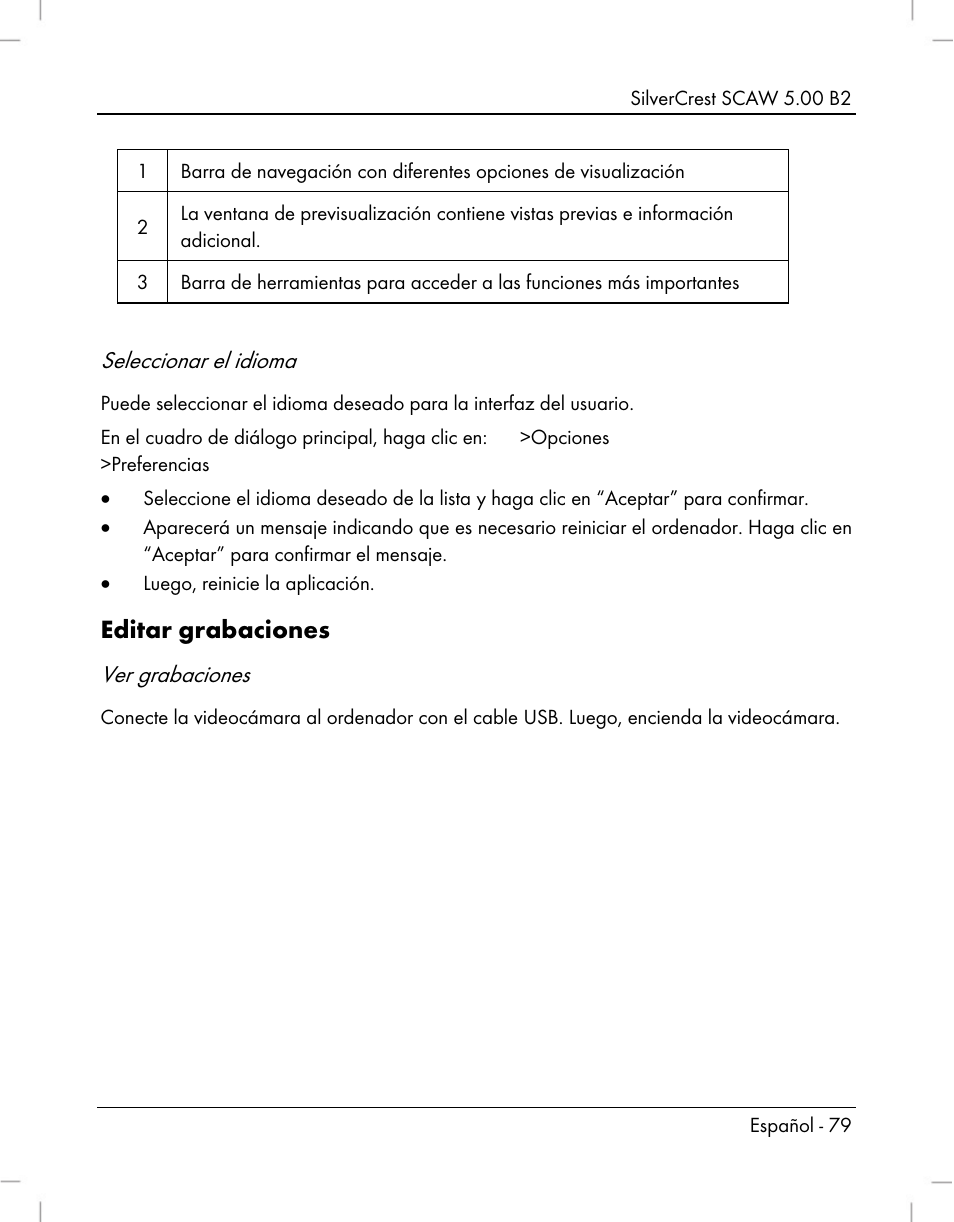 Editar grabaciones, Seleccionar el idioma, Ver grabaciones | Silvercrest SCAW 5.00 B2 User Manual | Page 81 / 364