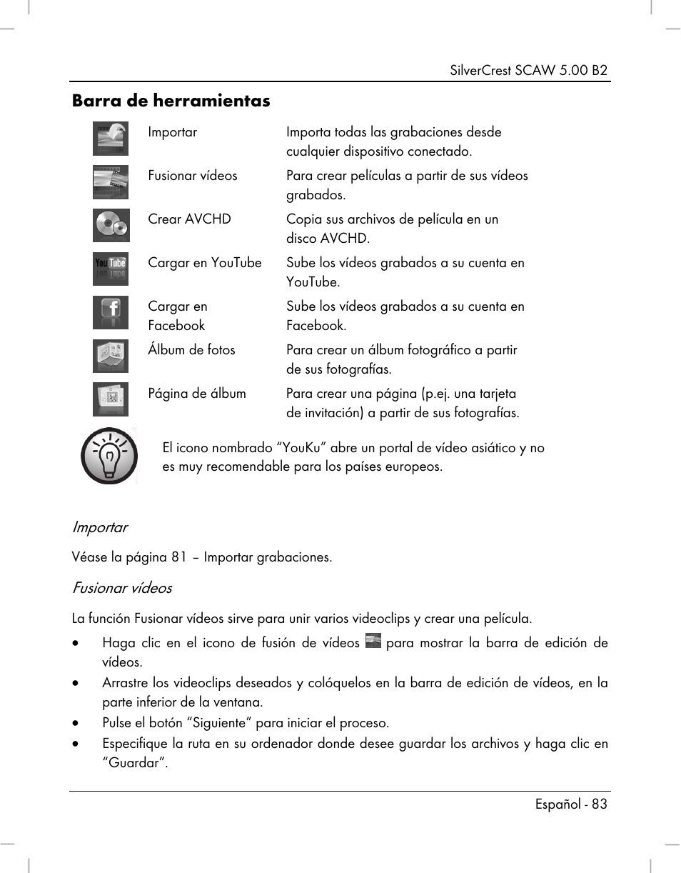 Barra de herramientas, Importar, Fusionar vídeos | Silvercrest SCAW 5.00 B2 User Manual | Page 85 / 364