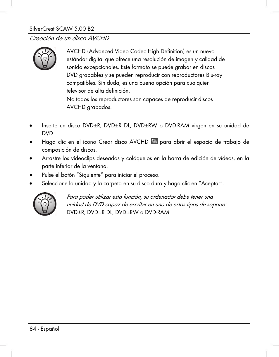 Creación de un disco avchd | Silvercrest SCAW 5.00 B2 User Manual | Page 86 / 364