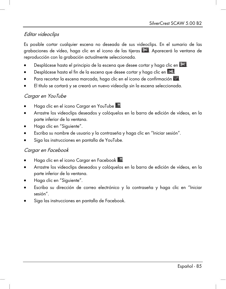 Editar videoclips, Cargar en youtube, Cargar en facebook | Silvercrest SCAW 5.00 B2 User Manual | Page 87 / 364