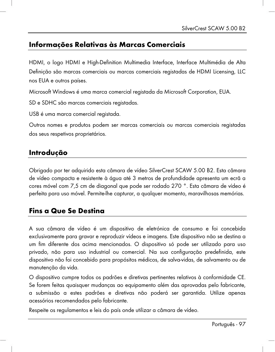 Informações relativas às marcas comerciais, Introdução, Fins a que se destina | Silvercrest SCAW 5.00 B2 User Manual | Page 99 / 364