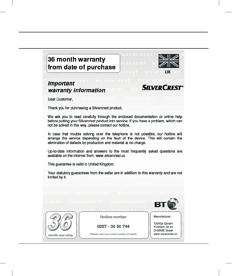 Warranty information | Silvercrest OM1008-SL User Manual | Page 102 / 106