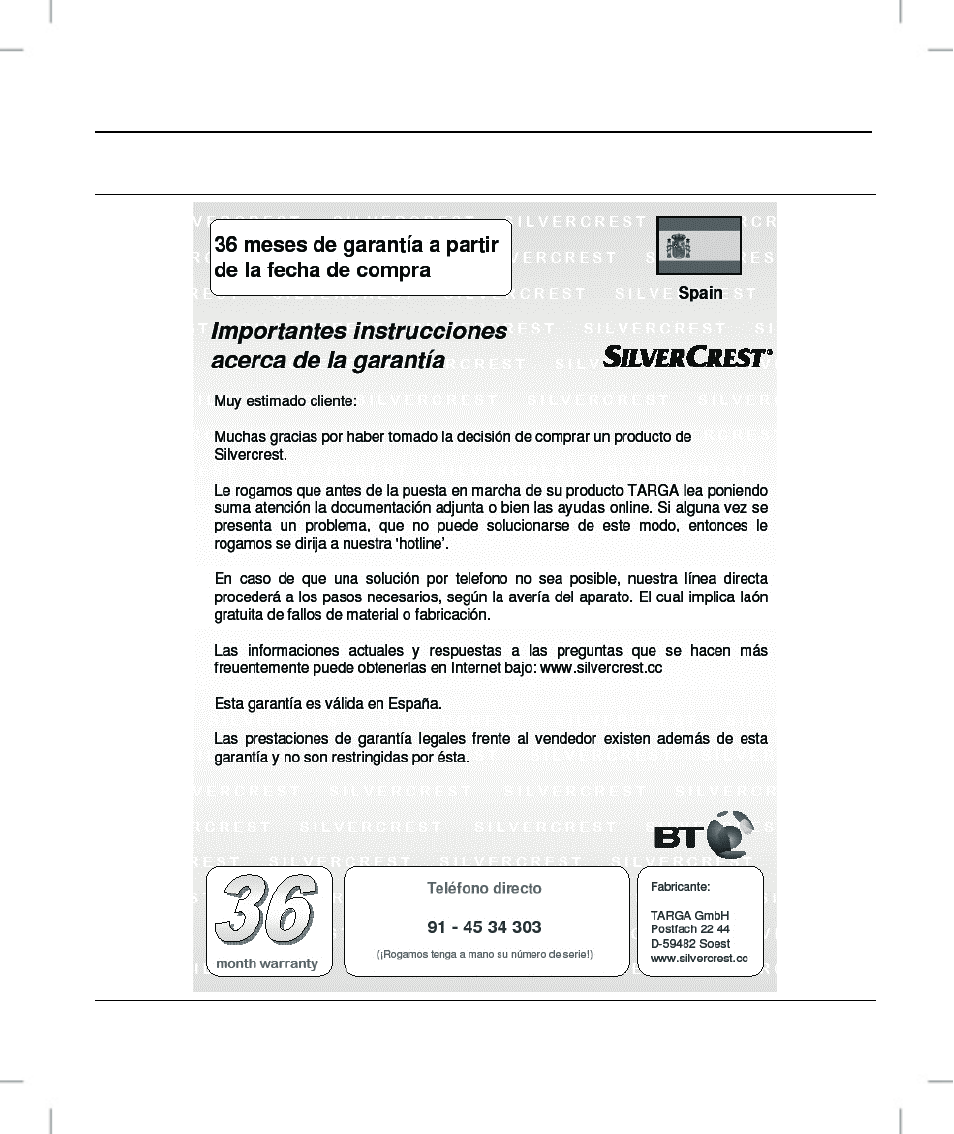 Información sobre la garantía | Silvercrest OM1008-SL User Manual | Page 27 / 106