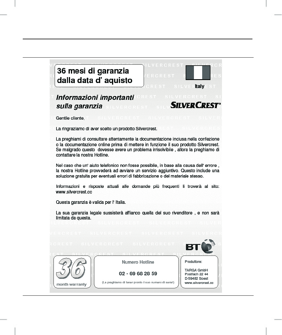 Indicazioni sulla garanzia | Silvercrest OM1008-SL User Manual | Page 52 / 106