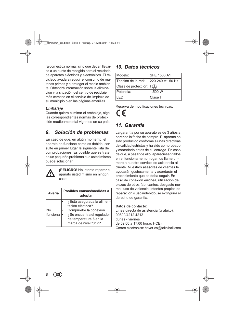 Solución de problemas, Datos técnicos, Garantía | Silvercrest SFE 1500 A1 User Manual | Page 10 / 46