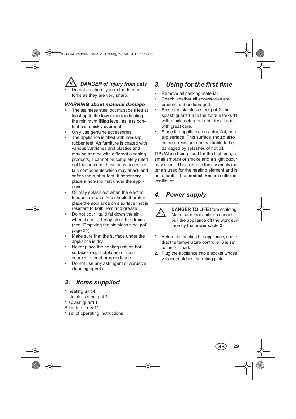 Items supplied, Using for the first time, Power supply | Silvercrest SFE 1500 A1 User Manual | Page 31 / 46