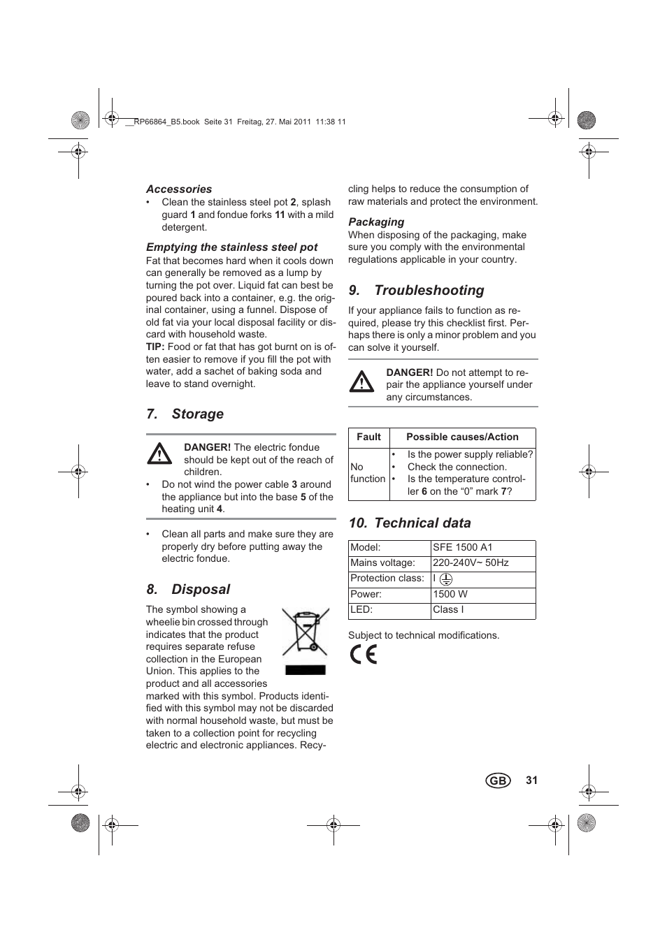 Storage, Disposal, Troubleshooting | Technical data | Silvercrest SFE 1500 A1 User Manual | Page 33 / 46